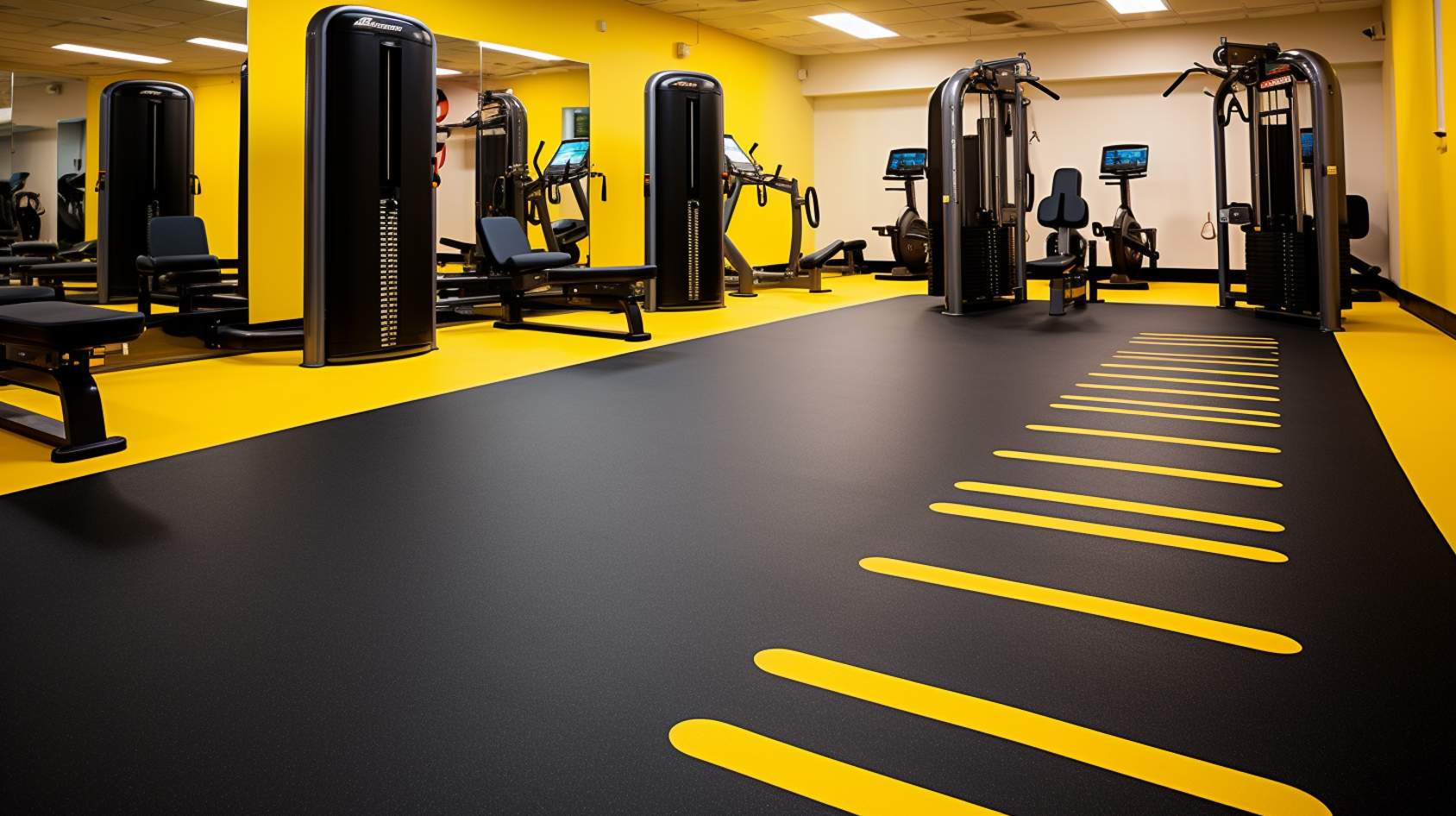 Yellow and Black poured rubber crumb flooring for a large gym 